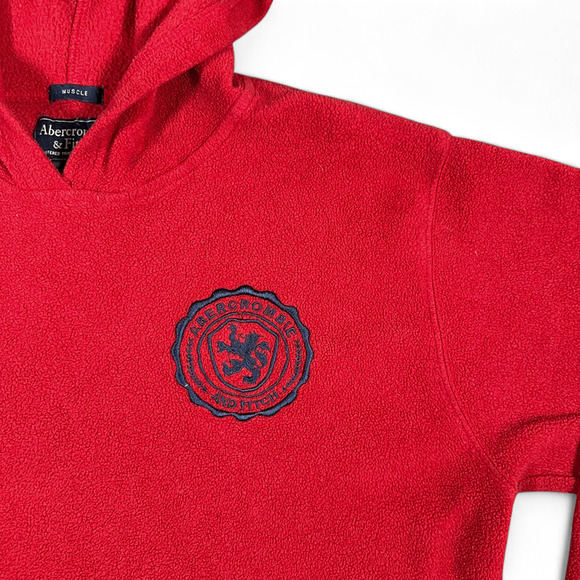 Vintage Abercrombie Fitch Hoodie Adult MEDIUM Red Fleece Muscle Crest Logo 90s - Picture 2 of 8